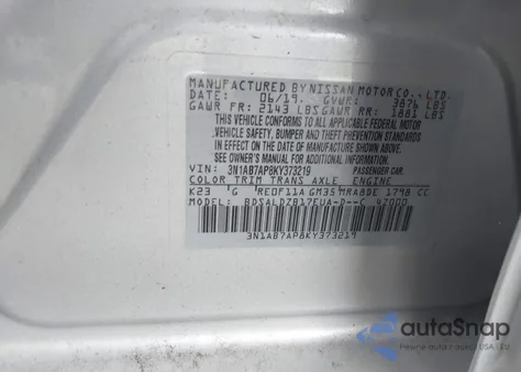 2019 Nissan Sentra Sv из США, поврежденный, VIN 3N1AB7AP8KY373219